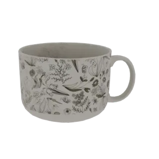 Modèle 3D d'un mug en céramique blanc avec un délicat motif d'esquisse botanique noir et vert couvrant sa surface, présentant