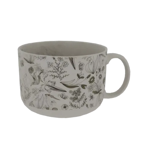 Modello 3D di una tazza in ceramica bianca con un delicato motivo botanico a schizzo nero e verde che ne ricopre la superfici
