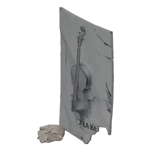 3D model of an embossed cello relief on a textured panel with a crumpled paper accent.
