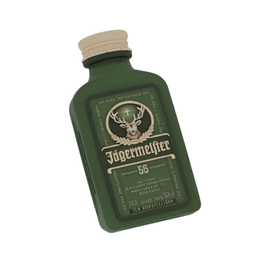 3D-Modell einer grünen Jägermeister-Flasche mit ihrem ikonischen Etikett und Hirsch-Emblem, präsentiert auf weißem Hintergrun