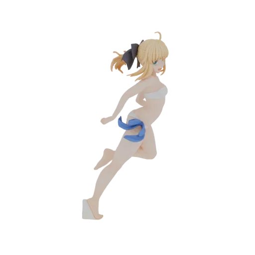 3D model of Saber Alter in a white bikini and blue sash, captured in a dynamic running pose on a white background.