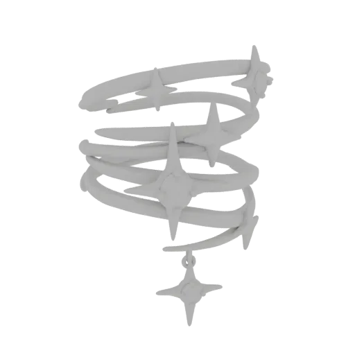 A 3D render of a white spiral ring with multiple four-pointed star charms, one hanging from the bottom.