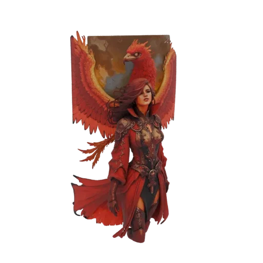 3D model of a fantasy warrior woman in red armor with a large, fiery phoenix rising behind her.
