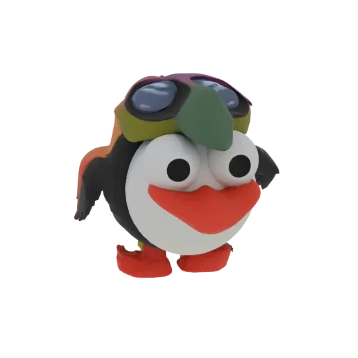 A 3D render of a cute, cartoonish penguin wearing aviator goggles and a colorful scarf, with a bright red beak and feet.