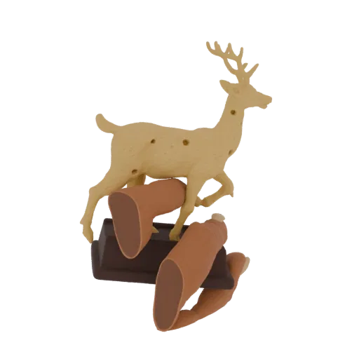 3D model of a tan deer with dark bullet holes, standing on a brown base resembling ammunition.