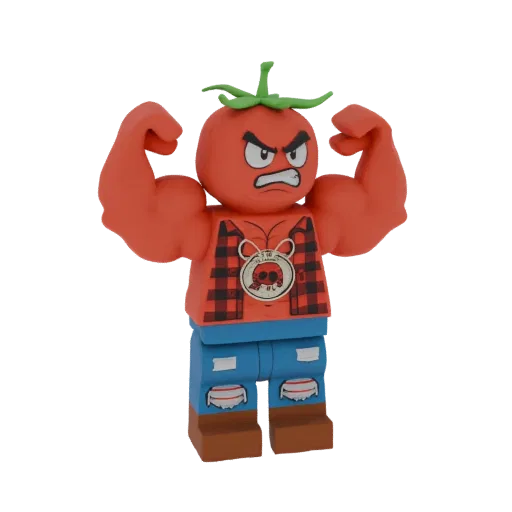 3D model of a buff tomato character with an angry face, wearing a plaid shirt and ripped jeans, flexing its arms.