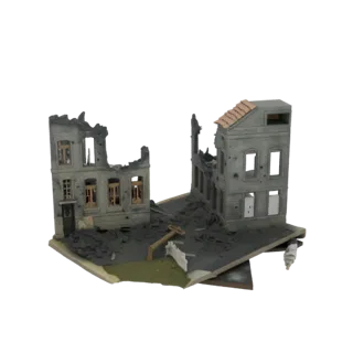 3D model of a destroyed European townhouse diorama with rubble and damaged buildings