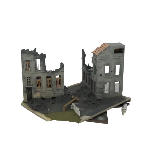 3D model of a destroyed European townhouse diorama with rubble and damaged buildings