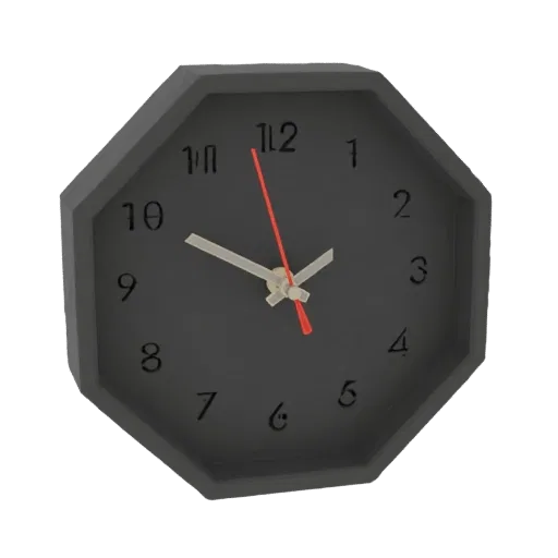 Modelo 3D de un reloj de pared octogonal gris oscuro con marcadores de hora negros y segundero rojo, sobre fondo blanco.