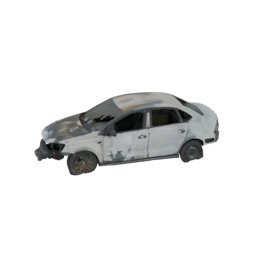 3D model of a damaged white sedan car with fire damage and flat tires, viewed from the side.