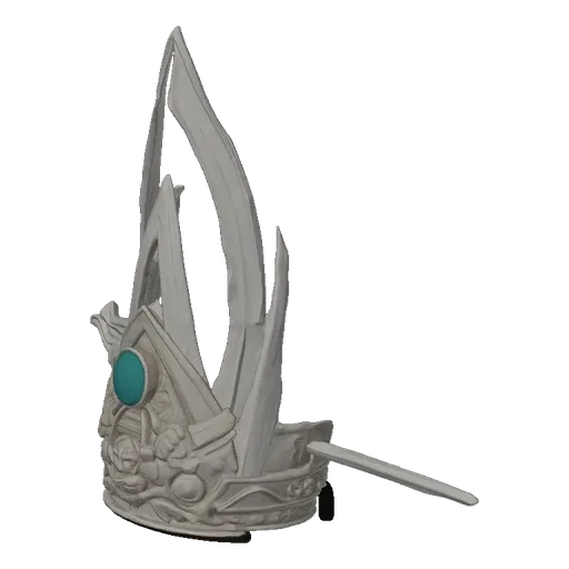 3D model of an ornate ancient crown with intricate carvings and a central turquoise gemstone, set against a black background.