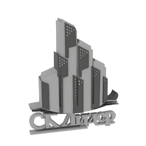 3D model of a modern skyscraper emblem with stylized buildings and the text 'СКЛАД' in bold letters below.