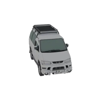 Modelo 3D de una furgoneta Mitsubishi Delica blanca con baca negra, vista desde un ángulo frontal derecho ligeramente elevado