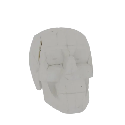 A white, abstract 3D model of a skull with a rough, clay-like texture, viewed from a slight angle against a black background.