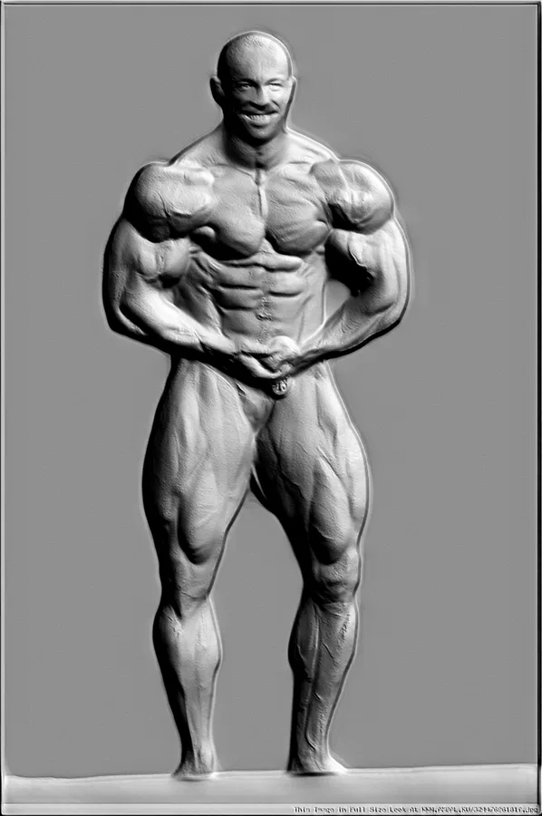 Modèle 3D bodybuilder style bas-relief, montrant double biceps, sur fond gris
