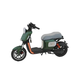 3D model of a green electric scooter with a grey seat cover, shown from the side.