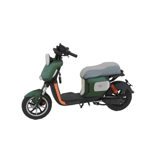 3D model of a green electric scooter with a grey seat cover, shown from the side.