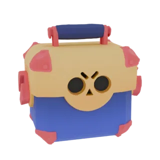 3D-Modell einer Brawl Stars Loot-Kiste mit gelber Oberseite, blauem Boden und wütendem Gesicht.
