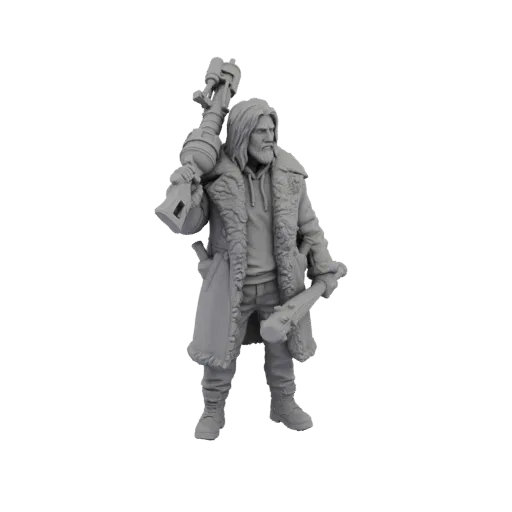 3D model of a wasteland wanderer character holding a staff and a blaster, wearing a fur-lined coat.