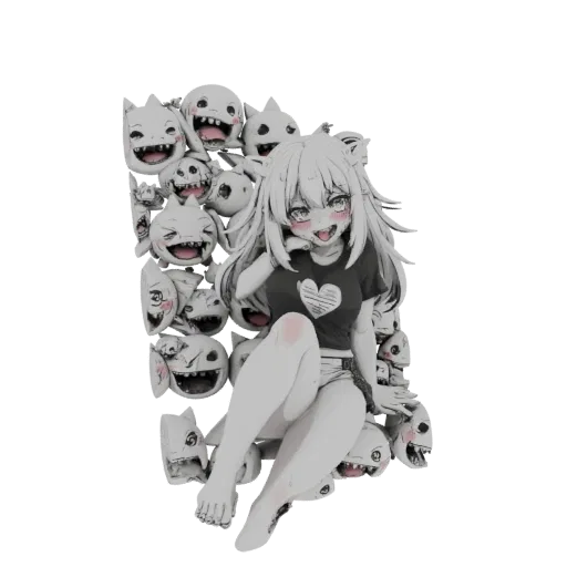 3D render of a monochrome anime girl sitting surrounded by a wall of expressive, stylized monster faces.