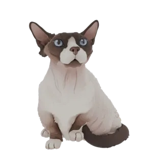 3D model of a Devon Rex cat sitting with large ears and blue eyes, realistic fur texture, white and brown coloration.