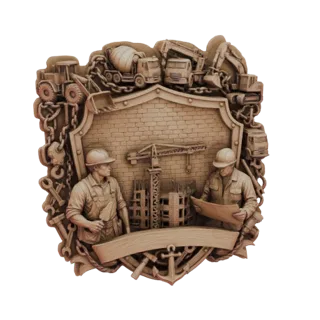 Modelo 3D de emblema de trabajadores de la construcción con obreros, grúa, maquinaria pesada y cadenas, en estilo relieve det