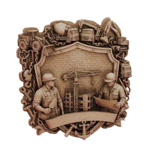 3D-Modell eines Baugewerbe-Emblems mit zwei Arbeitern, Kran, schweren Maschinen und Ketten, im detaillierten Reliefstil.
