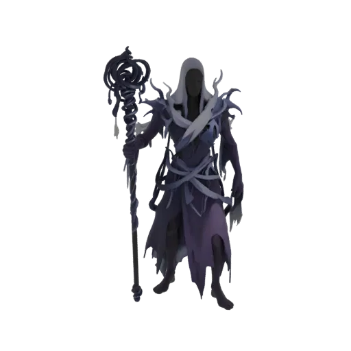 3D model of a demonic reaper in tattered robes with a staff, swirling darkness instead of legs, and a blurred face.
