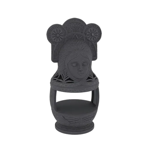 Modello 3D di uno scaffale a forma di Matrioska, con volto dettagliato e motivi intricati, con spazio scaffale aperto.
