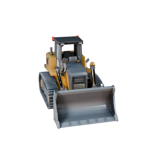 Mining Bulldozer Low Poly 3D model, game viewport three-quarter view, showing painted steel, form detail.