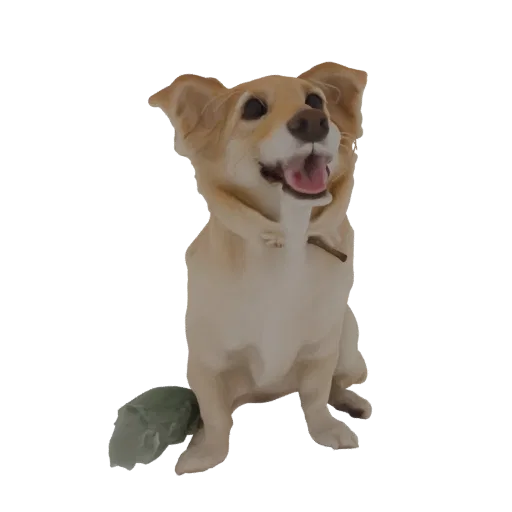 3D model render of a happy, light-brown dog sitting with its tongue out, looking upwards, with a small green object at its fe