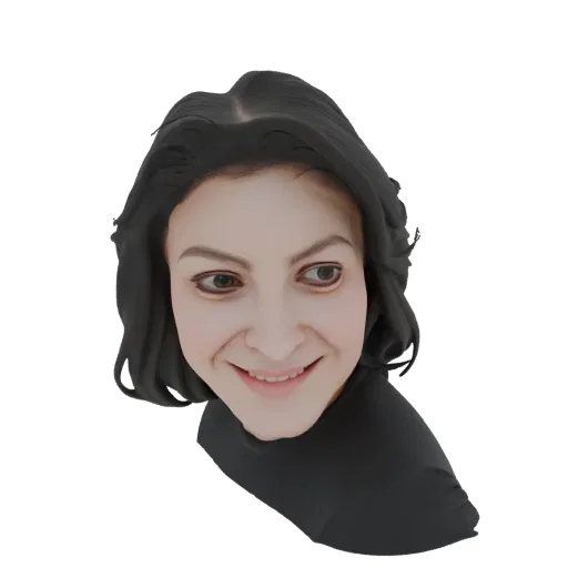 Modello 3D di testa di donna stilizzata con capelli scuri corti e mossi e sorriso amichevole, che guarda di lato.