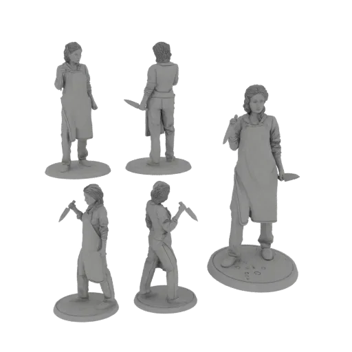 3D model render of a female butcher figure holding a knife, shown from multiple angles.