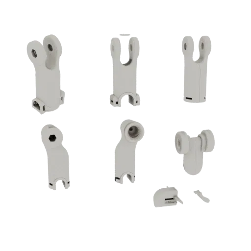 A 3D render of a set of various light gray mechanical joint components, including clevises and pivot mounts, arranged against
