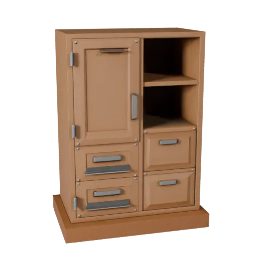 Industrial Cabinet Low Poly 3D model, dining room, game viewport three-quarter view, painted wood detail.