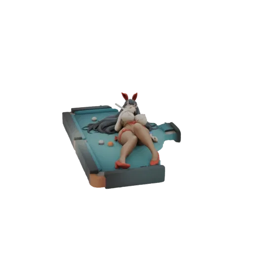 Modello 3D di una bunny girl in abito rosso sdraiata su un tavolo da biliardo blu con stecca e palle.