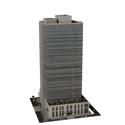 High Rise Office Building realistic 3D model, three-quarter exterior view, showing commercial office building materials and architectural detail