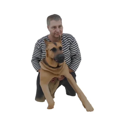 3D model of a man in a striped shirt kneeling and holding a German Shepherd dog.