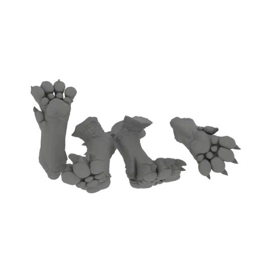 A 3D render of four distinct dragon claws with sharp talons and textured scales, presented on a white background.