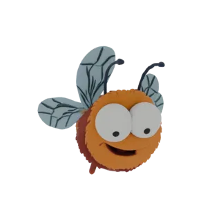 Uma renderização 3D de uma abelha fofa e peluda de desenho animado com olhos grandes e asas azuis, sorrindo alegremente contr