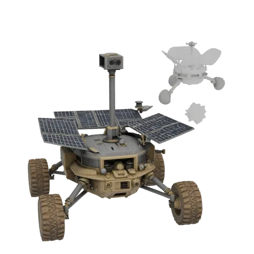 Prospector Lunar Lander Printable 3D model, isometric STL render, showing dusty wheels, vehicle stance.
