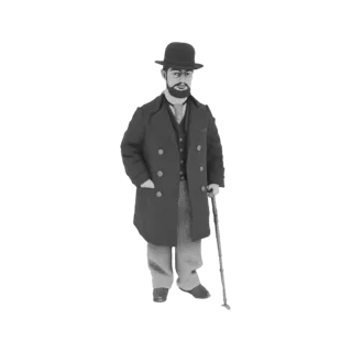3D model of a Victorian gentleman wearing a bowler hat and overcoat, holding a cane, with one hand in his pocket.
