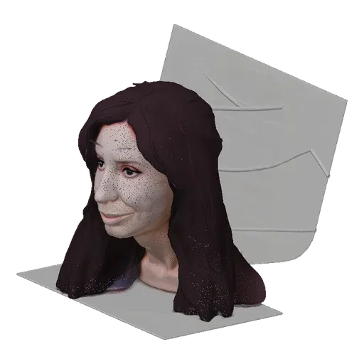A 3D render of a realistic female bust with dark hair and detailed facial features, presented on a neutral background.