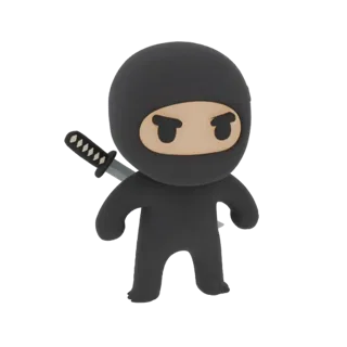 Un rendering 3D di un simpatico personaggio ninja chibi che indossa un outfit da ninja nero e tiene una katana.