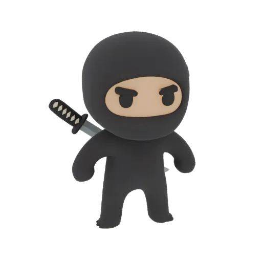 Un rendering 3D di un simpatico personaggio ninja chibi che indossa un outfit da ninja nero e tiene una katana.