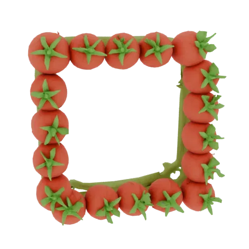 Modelo 3D de porta-retrato, decorado com tomates volumétricos, estilizado como animação em plasticina.