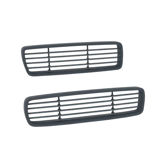 Modelo 3D de duas saídas de ar cinzas para carro com aletas horizontais, apresentadas em fundo preto.