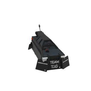 3D model of a black armored vehicle with 'TEAM T.I.G.' branding on the rear, featuring a reinforced cabin and protective fron