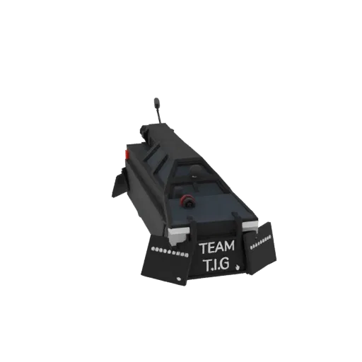 3D model of a black armored vehicle with 'TEAM T.I.G.' branding on the rear, featuring a reinforced cabin and protective fron
