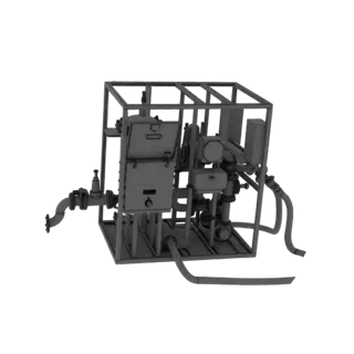 Modelo 3D de una unidad de bomba industrial montada en patín con tuberías, válvulas y panel de control, mostrado sobre un fon